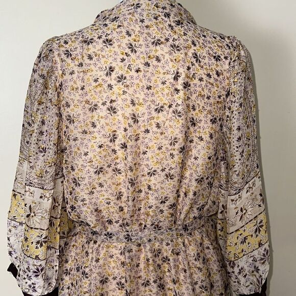 Ann Taylor XL Beige Plum Gold Lurex Paisley Floral Border Balloon Sleeve Dress - Picture 10 of 16
